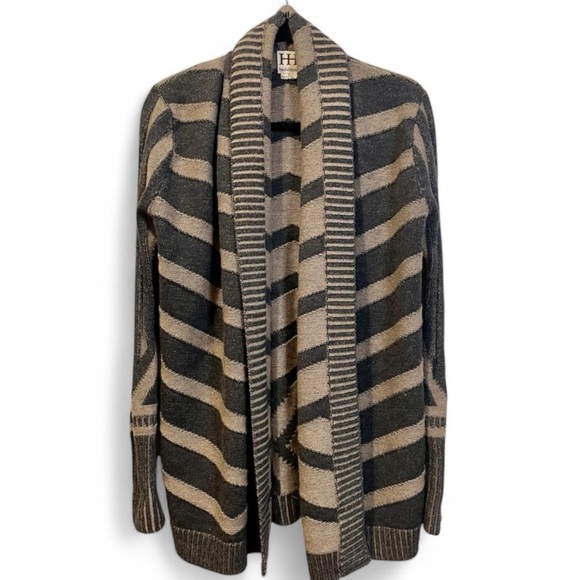 Haute Hippie Black/Brown gray/Tan Merino Wool Striped Jacquard M/L- Cardigan - Picture 1 of 6